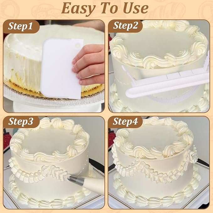 4Pcs Cake Decorating Tools Set, 1 Cake Arch Guide Tool & 3 Cake Scraper Smoother, Adjustable Arc Divider, Fondant Icing Smoothing Tools for DIY Cakes, Bread and Desserts