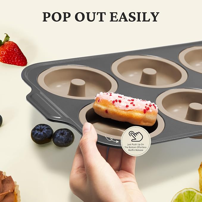BRONYPRO 2 Pack Silicone Donut Pan for Baking with Metal Reinforced Frame, 6-Cavity Nonstick Doughnut Mold, Large Donut Size, Food-Grade Bakeware, Oven Dishwasher Freezer Safe, Gray