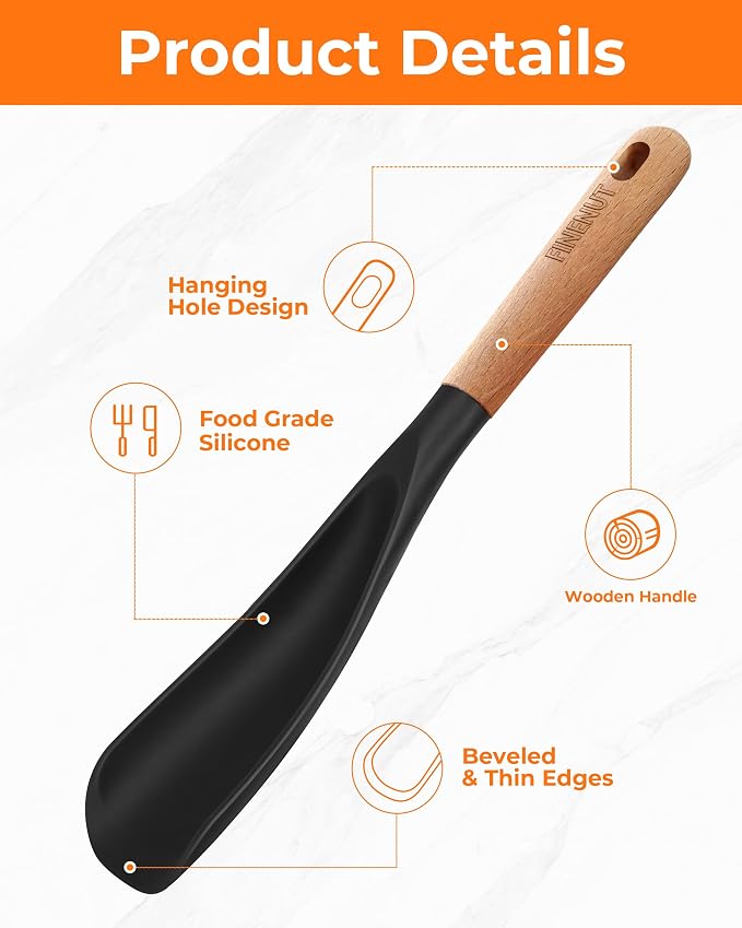 Cooking Spoon Multifunction Spoonula Silicone Spatula Spoon 2-Pack, Dual-Use Heat Resistant 446°F, BPA-Free Non-Toxic Wooden Handle Rice Spoon Set for Non-Stick Cookware & Rice Cookers (Black)