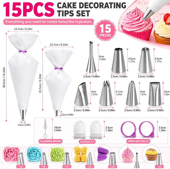 15 Pcs Piping Bags And Tips Set,12'' & 14'' Reusable Cotton Piping Bags,Easy to Clean,for Home Bakers & Chefs