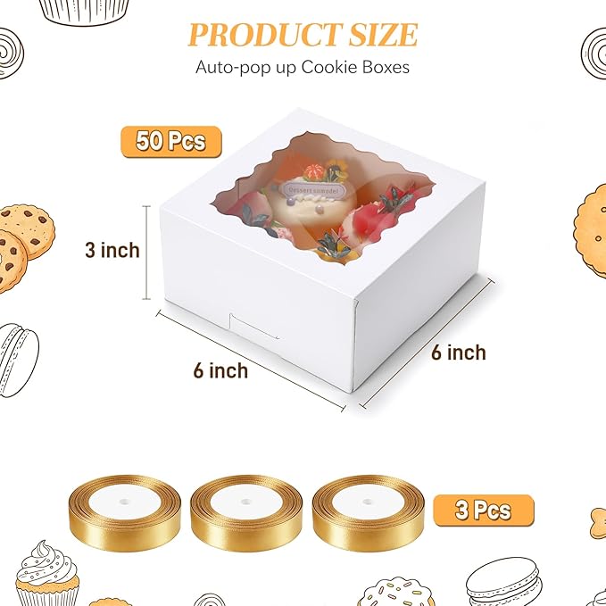 COTOPHER Auto Pop Up Cookie Box with Window 6x6x3 Inches – 50 Pack White Bakery Boxes with Gold Ribbon for Birthday Party Favors, Wedding, Christmas Gift Packaging for Cookies, Candy, Macarons