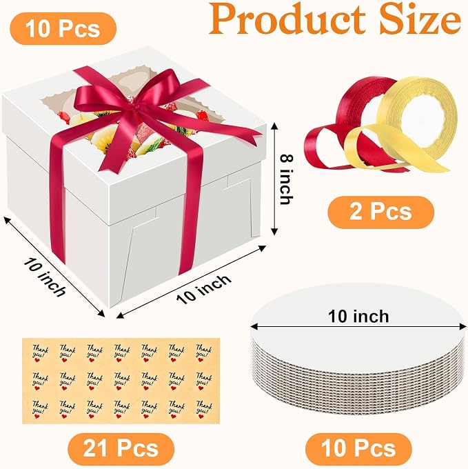 Sudaya 10x10x8 Cake Boxes with Boards, Cake Boxes 10 inch with Tall Cakes Boards Ribbon Stickers, 10in Disposable Carry Bakery Containers Cajas Para Pasteles for Pies Party Wedding Gift Giving