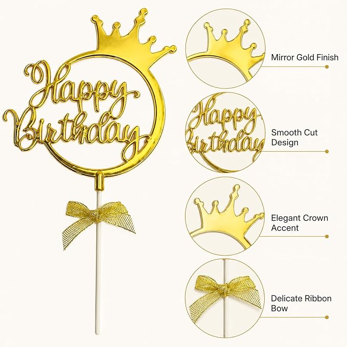Ecanna Gold Acrylic Happy Birthday Cake Topper with Crown and Bow | Glossy gold acrylic script with crown and bow adds an elegant finishing touch to birthday cakes and celebration desserts.