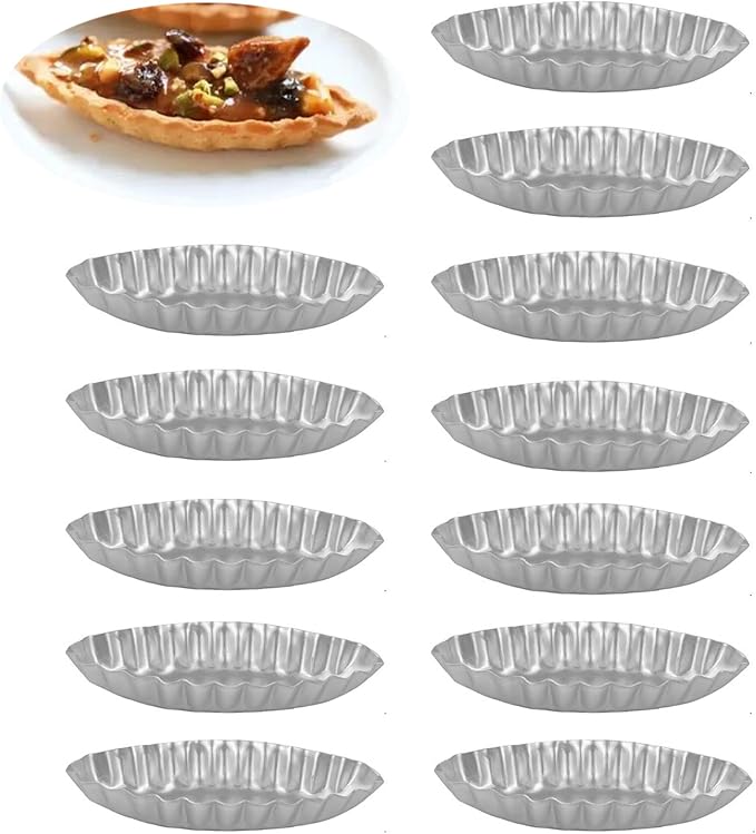 12Pcs 3.74 Inch Aluminum Fluted Boat Tart Pan, Mini Oval Tartlet Mold for Egg Tarts, Quiches, Cheesecakes, Wavy Tartlet, Fruit Tats - Silver