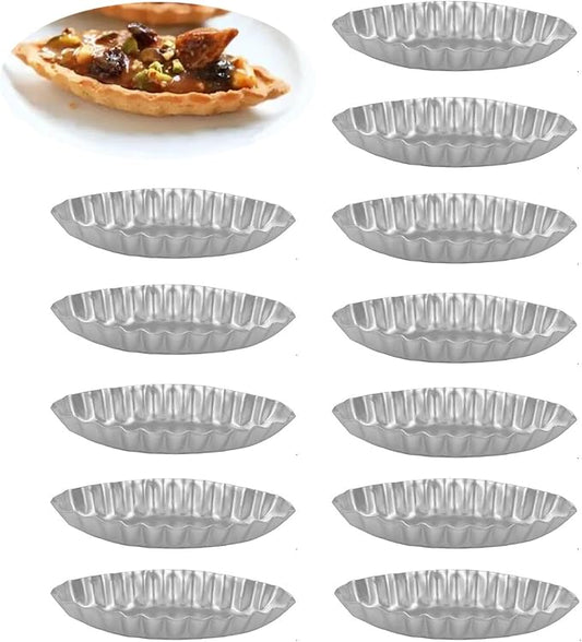 12Pcs 3.74 Inch Aluminum Fluted Boat Tart Pan, Mini Oval Tartlet Mold for Egg Tarts, Quiches, Cheesecakes, Wavy Tartlet, Fruit Tats - Silver