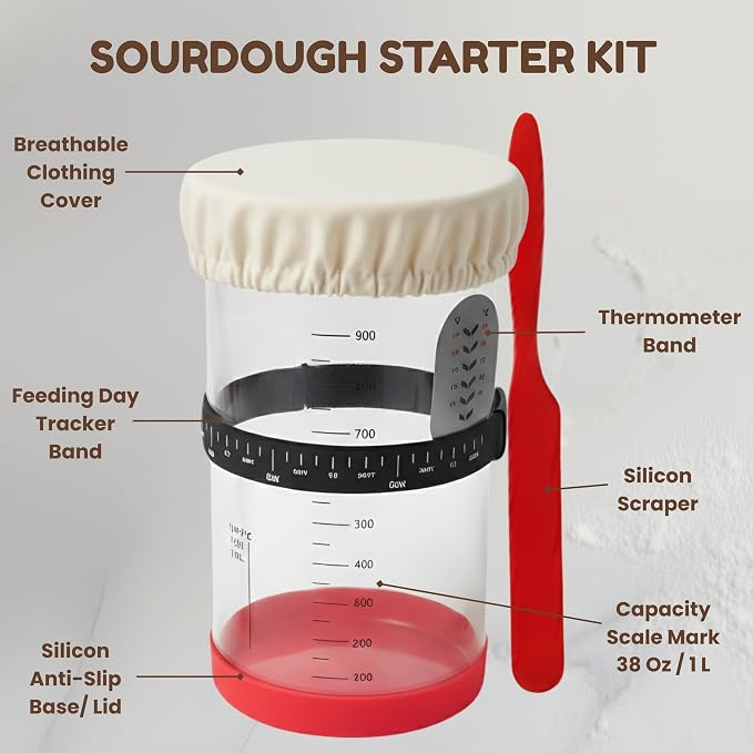 EROIR Sourdough Starter Jar Kit - 38oz Glass Jar with Date Marked Feeding Band, Thermometer, Jar Scraper, 9" Round Bread Proofing Basket, Dough Whisk, Lame, Bowl Scraper, Clean Brush, Recipes Book