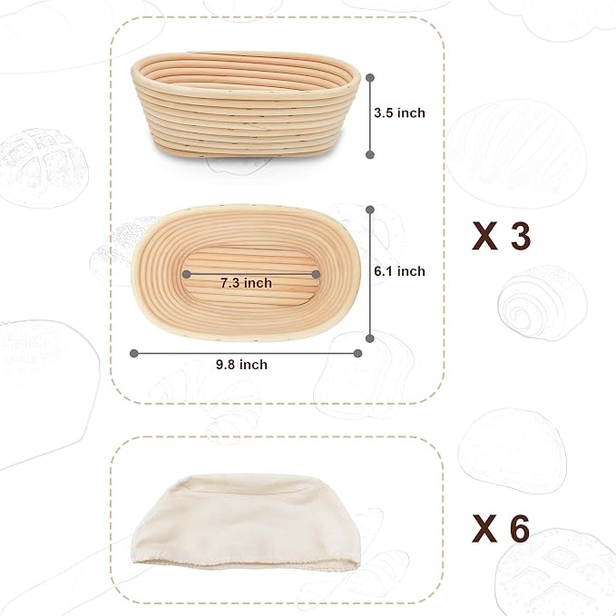 Banneton Bread Proofing Basket set of 3, 9.8 Inch Oval Sourdough Proofing Baskets with Liner,Dough Proofing Bowls,Made of Natural rattan,for Sourdough Bread Baking Supplies