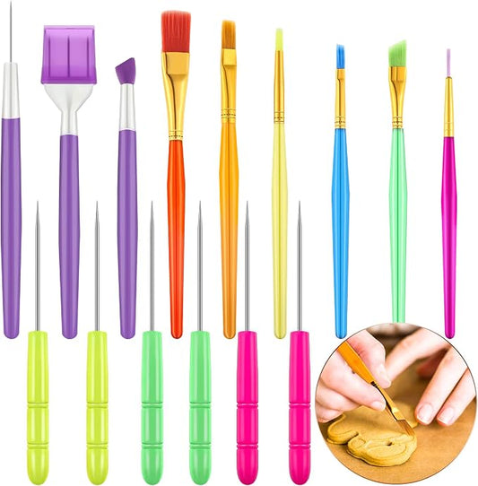 Boao 15 Pcs Cookie Decorating Supplies Tool Set Includes 6 Cookie Decorating Brushes 6 Sugar Stir Needle 3 Cake Scriber Tools for Baking Lovers Cake Fondant Decorations