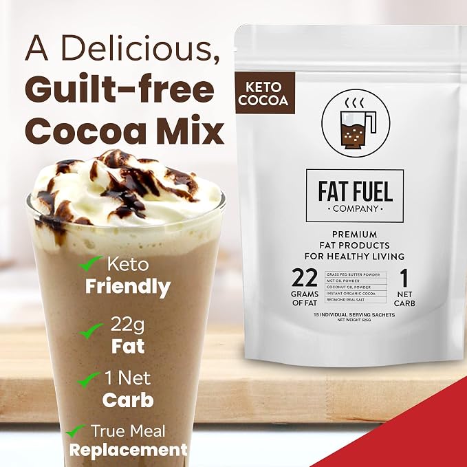 Fat Fuel Instant Keto Cocoa – a Complete Keto-Friendly Meal Replacement with MCT Oil, Coconut Oil, and Grass Fed Butter – Low Carb Hot Chocolate, Organic (15 Packets)