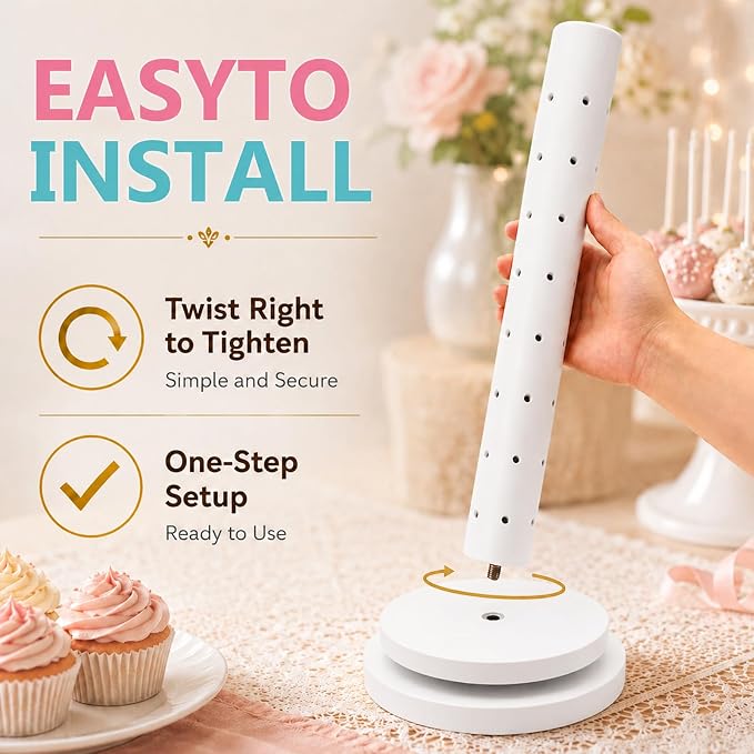 Wooden Cake Pop Stand Kit with 360° Spinning Base, 49Hole Lollipop Holder with Cake Ball Scoop, 100 Paper Sticks, 100 Clear Treat Bags and 100 Twist Ties, Easy Twist Assembly for Parties (White)