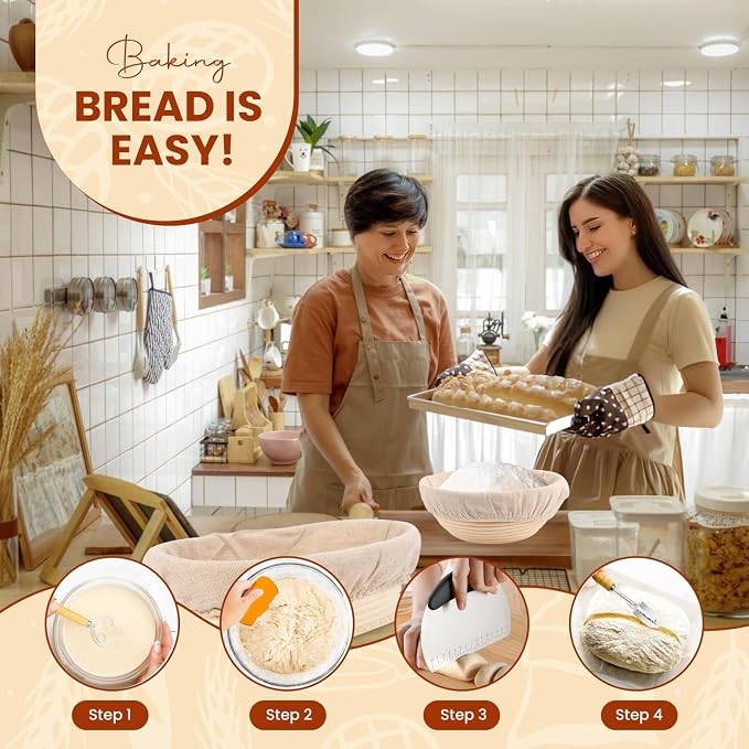 Sourdough Starter Kit of 9-Inch Round and 10-Inch Oval Banetton Proofing Baskets Complete Sourdough Bread Baking Supplies, Bread Lame + Dough Wisk + Stainless Steel Dough Scrapers + Cleaning Brush