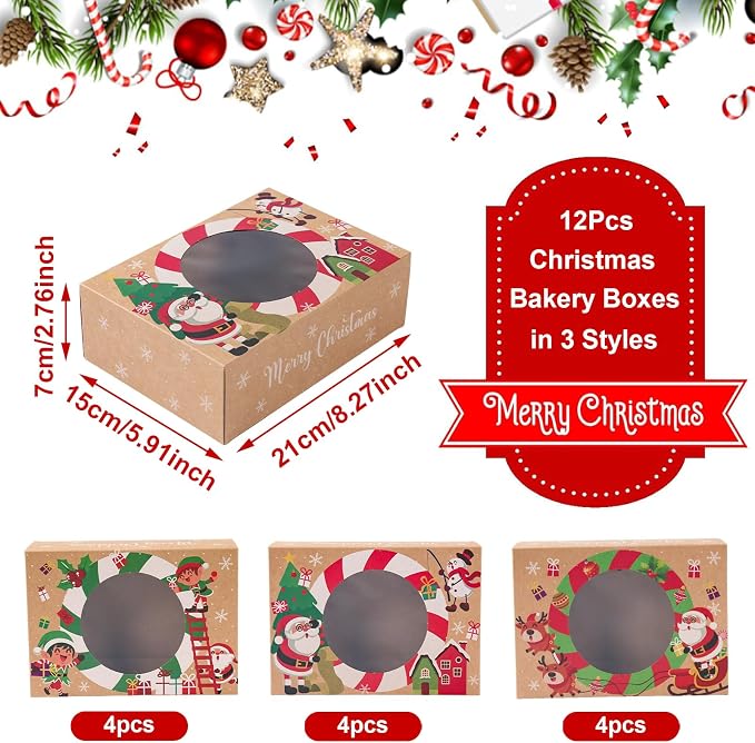 Patimate 12pcs Christmas Cookie Boxes for Gift Giving, 3 Style Brown Kraft Paper Bakery Boxes with Window, Xmas Holiday Treat Containers With Lids for Cookie Cupcakes Donuts Candy