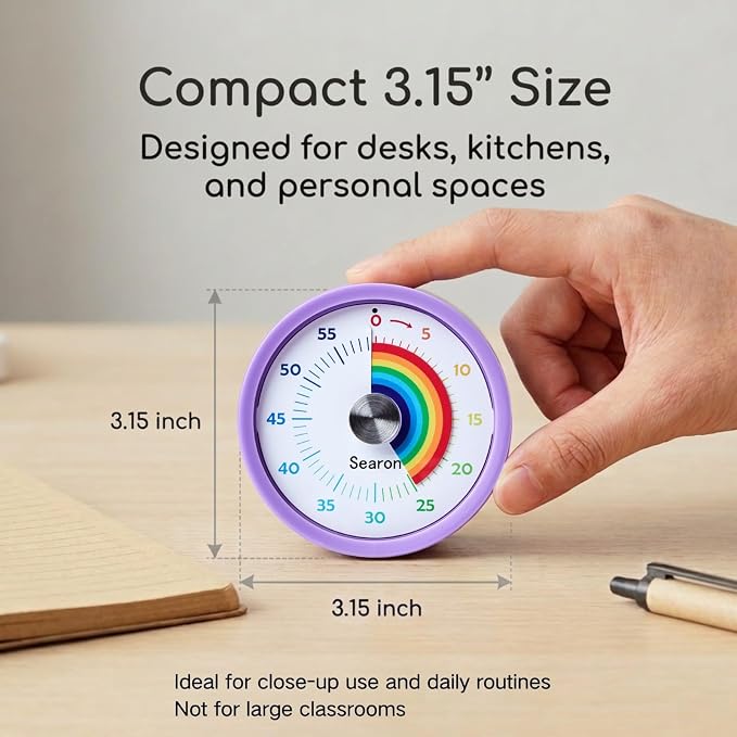 Searon Magnetic Visual Timer for Kids — 3.15" 60-Minute Rainbow Dial Timer for Homework, Study & Morning Routines, Silent LED Mode, Pause Function for ADHD, Kitchen, Cooking & Baking (Purple)