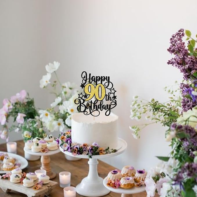 1 PCS Happy 90th Birthday Cake Topper Black Gold Glitter Cheers to 90 Years Birthday Cake Pick Hello 90 Fabulous Cake Decoration for Happy 90th Birthday Anniversary Party Decorations Supplies