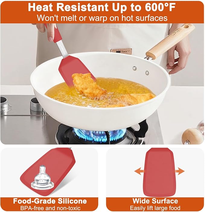 Silicone Spatula, 13 x 3.2 In, 600°F Heat Resistant (Red) | Flexible Turner, BPA Free, Non Scratch for Non Stick Frying Pan, Kitchen Cooking, Flipping, Dishwasher Safe