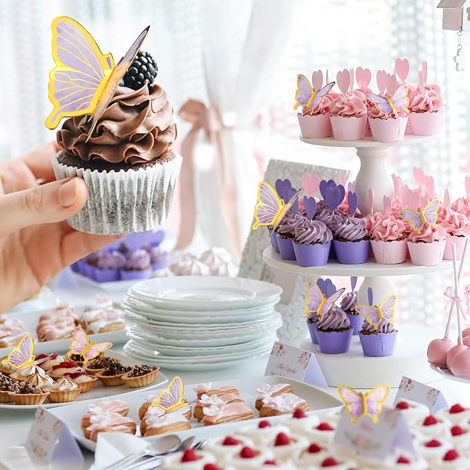 22-Pieces Butterfly Cake Decorations With Happy Birthday Acrylic Cake Toppers for Baby Shower Wedding Birthday Party Decor (Purple)