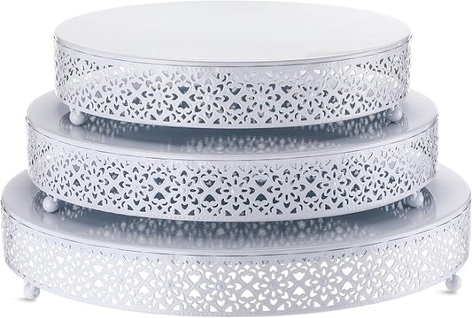 Wenqik 3 Pcs Cake Stand 16'' 14'' 12'' Round Metal Cake Stand Bases Display Holder Cookies Serving Tray Display Plate Cupcake Dessert Pastry Riser for Wedding Birthday Party(Vintage Style, White)