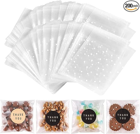 NPLUX 200PACK Self Sealing Cellophane Treat Bags Clear Cookie Bags for Gift Giving with Stickers, Party Favor, Graduation Gift Bags(White Polka Dot, 4X4INCH)