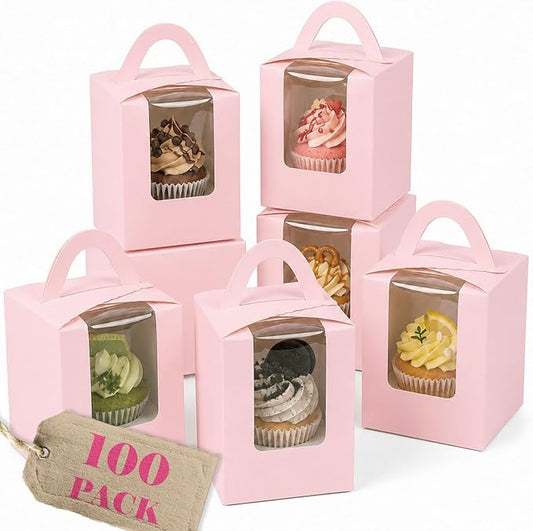 Bakepacker Individual Cupcake Boxes with Window 100 Count Pink Single Cupcakes Box 3.6"X3.6"X4.3" Cupcake Carrier