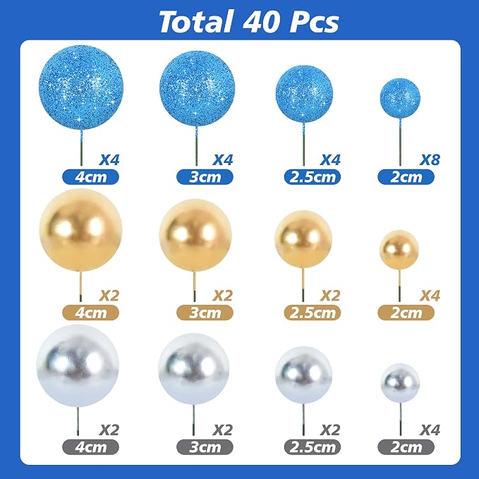 BEISHIDA 40 Pcs Foam Ball Shaped Cake Toppers with Sticks Mini Cake Decorations for Birthdays, Weddings, Baby Showers, DIY Baking Supplies, Anniversary Party (Blue, Gold, Silver)