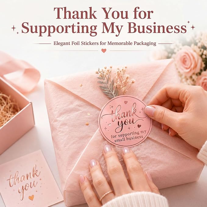 100PCS Thank You for Supporting My Small Business Stickers, Pink Rose Foil Labels for Boutique Packaging, Bakery Boxes, Dessert Treat Bags, Shipping Mailers, Handmade Sellers & Small Shops.1.6 inch