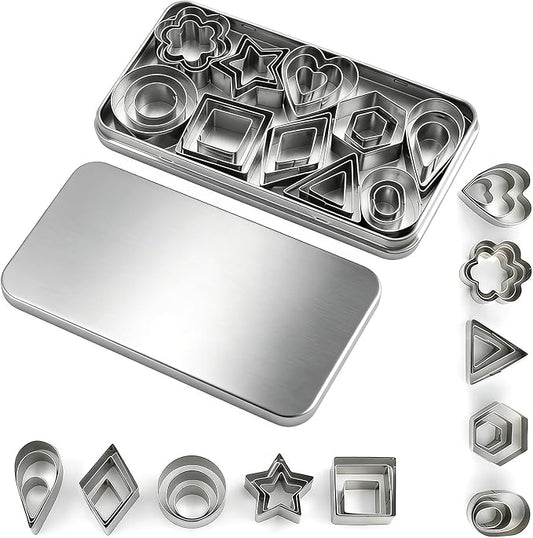 shuielia 30Pcs Mini Geometric Cookie Cutter Set with Box - Stainless Steel Small Cutters for Biscuit, Fruit, Veggie, Polymer Clay & Fondant Baking Tools