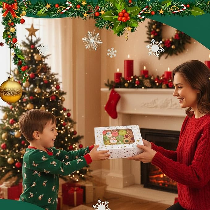 YEKTFS 24Pcs Christmas Cookie Boxes with Window - Gold Foil Star Pastry Boxes for Gift Giving, Bakery Boxes, White Christmas Cookie Tins with Lids,Dessert, Donut, Baked Goods Packaging