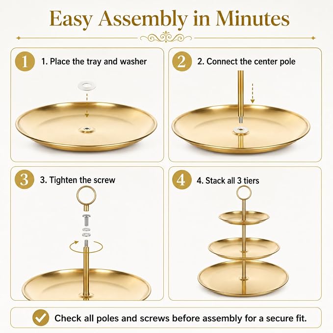 YOUNTHYE 2PCS Gold Cupcake Stand, 3 Tiered Stainless Steel Dessert Stand, Gold Cake Stand Display Trays for Wedding, Birthday, Tea Party, Holiday Dessert Table Decorations