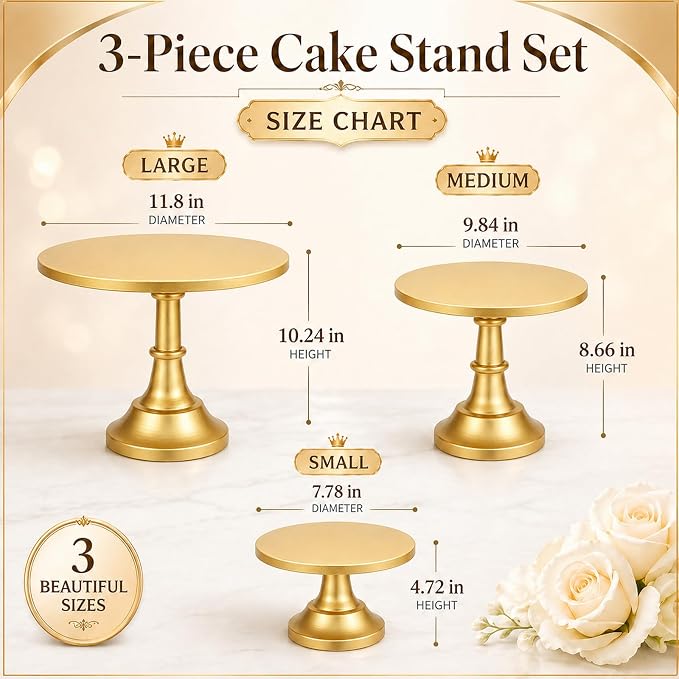 3 Pack Gold Cake Stand, 8 10 12 Inch Tiered Display | Metal build, Pedestal base, Dessert table, Wedding reception, Birthday party, Baby shower, Candy bar, Buffet setup