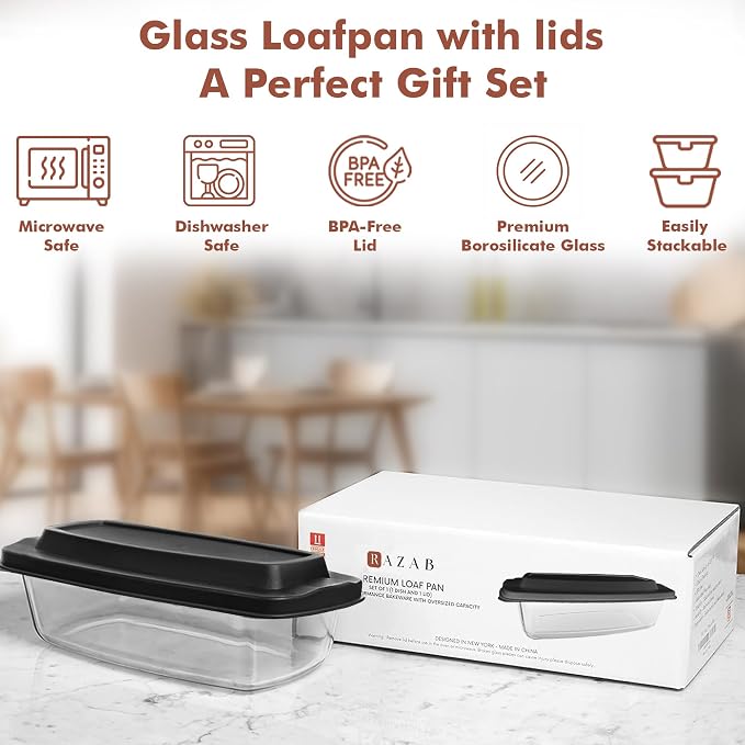 Razab LARGE 7.6 Cups/1800 ML/1.9 Qt Glass Loaf Pan with Lids - Meatloaf Pan BPA free Airtight Lids Grip Handle Easy Carry, Microwave and Oven Safe - Loaf Pans For Baking Bread, Cakes, Glass Loaf Pan