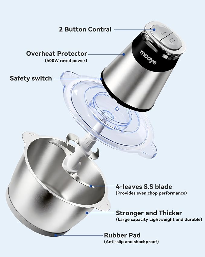 Food Processors Electric Food Chopper with Meat Grinder & Vegetable Chopper - 3 Bowls(8Cup+8Cup+3Cup) with Powerful Copper Motor - Includes 3 Sets of Bi-Level Blades for Fruits/Meat/Nuts