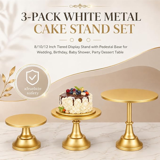 3 Pack Gold Cake Stand, 8 10 12 Inch Tiered Display | Metal build, Pedestal base, Dessert table, Wedding reception, Birthday party, Baby shower, Candy bar, Buffet setup