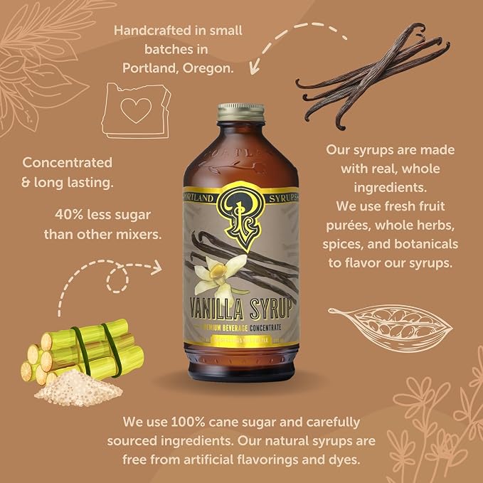 Portland Syrups Vanilla Syrup – Flavoring for Coffee, Lattes, Cold Brew, Macchiatos, Cocktails, & Desserts – Ideal for Drinks & Adding a Vanilla Touch to Any Beverage – 12 oz, 24 servings (Pack of 1)