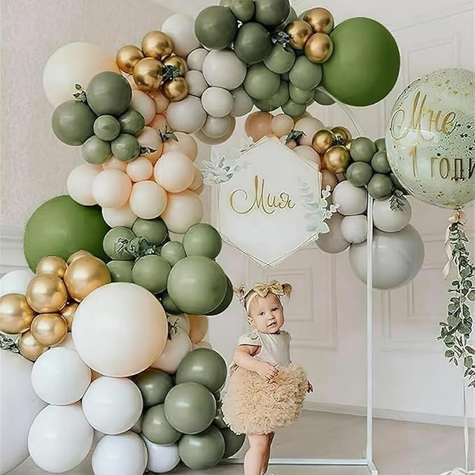 PartyWoo Sage Green Balloon Arch Kit Garland 140pcs Different Sizes of 18 12 10 5 Inch Olive Dusty Boho Green White Gold Confetti Balloons for Baby Shower Graduation Birthday Party Decorations