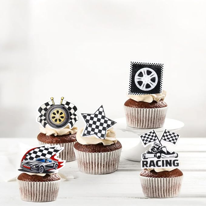 40Pcs Edible Racing Car Wheels Cupcake Toppers Black White Checkered Flags Cupcake Picks for Racing Car Baby Shower Race Car Boys Birthday Party Cake Cupcake Decorations
