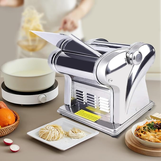 Electric Dough Roller Sheeter, 135w Stainless Steel Automatic Noodle Pasta Maker Machine 6 Thickness Knobs Spaghetti Roller Pressing Machine for Commercial and Homemade Use (110V)