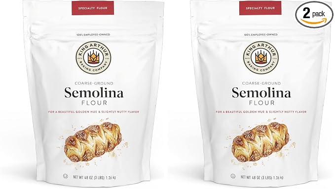 King Arthur Premium Semolina Flour:Coarse Ground,High Protein Durum Wheat for Perfect Pasta,Pizza,and Bread Making-Kosher,3 lbs Resealable Bag, USA-Grown Wheat, Versatile Baking Ingredient (Pack of 2)