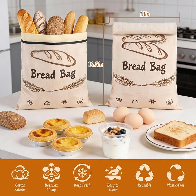 2-Pack Reusable Beeswax Bread Bags for Sourdough & HomemadeBread with Zipper, 16.5 x 13 inch bread bags for Food Storage