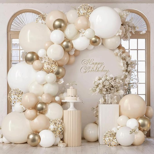 Sand White Gold Balloon Arch Kit,Light White Ivory Beige Nude Balloons and Chrome Gold with Confetti Balloon Garland for Neutral Birthday Wedding Engagement Bridal Shower Boho Party Decorations