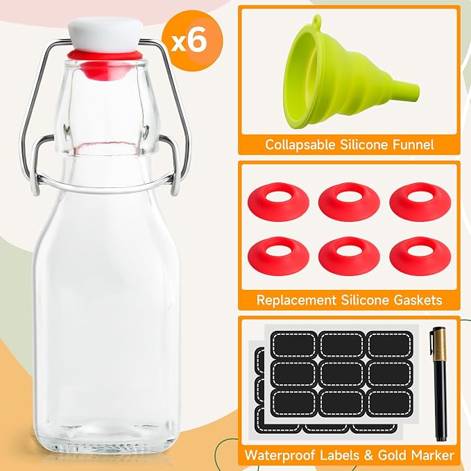 WILLDAN 4oz-6 Pack Swing Top Glass Bottles - Flip Top Brewing Bottles For Kombucha, Kefir, Vanilla Extract, Mead, Vinegar, Beer- Airtight Stopper Lids - Comes With Extra Gaskets, Funnel and Labels