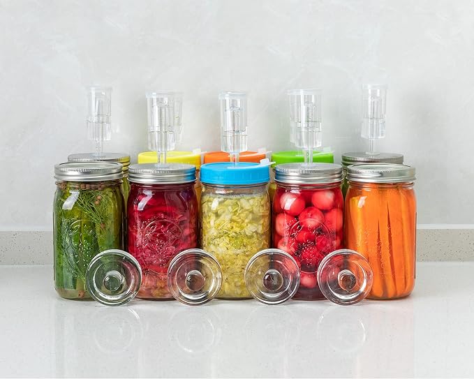 JILLMO 4 Pack Fermentation Kit for Wide Mouth Mason Jars, Stainless Steel Fermentation Lids with Glass Weights and Airlocks, Easy Fermenting Set for Pickling, Canning and Sauce (No Jars)