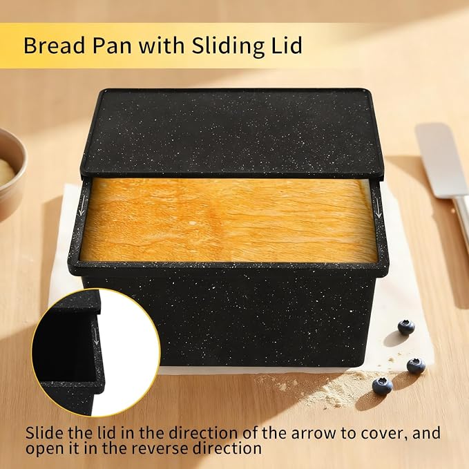 Cast Aluminum Pullman Loaf Pan with Lid, 8x4 Inch Nonstick Professional Bread Pan for Sourdough & Sandwich, Heavy Duty Warp-Proof, Superior Even Heat Distribution, Speckled Black