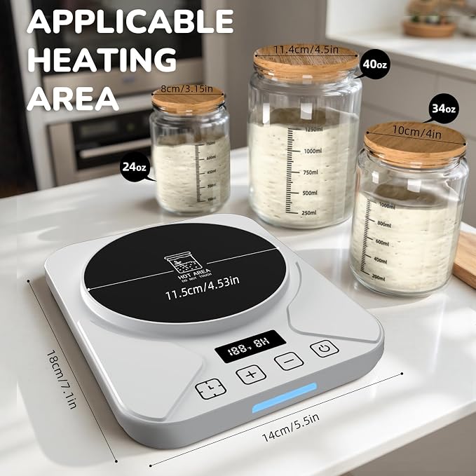 Sourdough Starter Warmer Mat - 24H Timer - Precise 1°F Thermostat Control (70-100°F) - Smart Memory Warming On/Off - Fits Jars Up to 40oz - Perfect for Home Baking (Moonlight White)