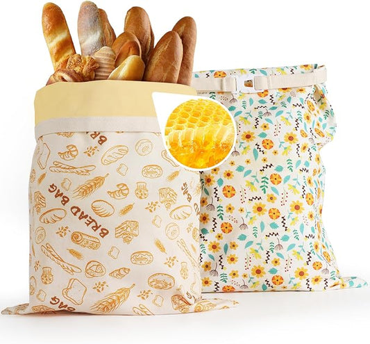 2-Pack pure cotton Reusable Beeswax Bread Bags - Large 17x13 Inch for Sourdough & Homemade Bread Storage | All-Natural Beeswax Preservation, Eco-Friendly Cotton Food Bags - Easy to Clean & Daily Use