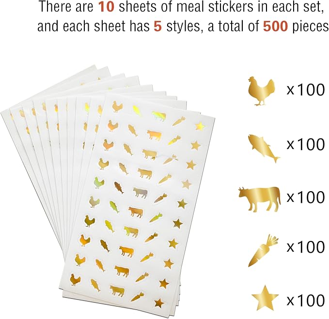 10 Sheets(500 Qty) Meal Stickers,Wedding Food Choice Sticker for Place Cards, Beef, Chicken,Fish (Color Changing Gold)