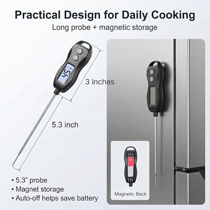 Meat Thermometer Digital Instant Read, Waterproof for Cooking & BBQ (Black) | Backlit food thermometer with 5.3” probe for steak, turkey, oil, candy, liquids, sourdough & baking