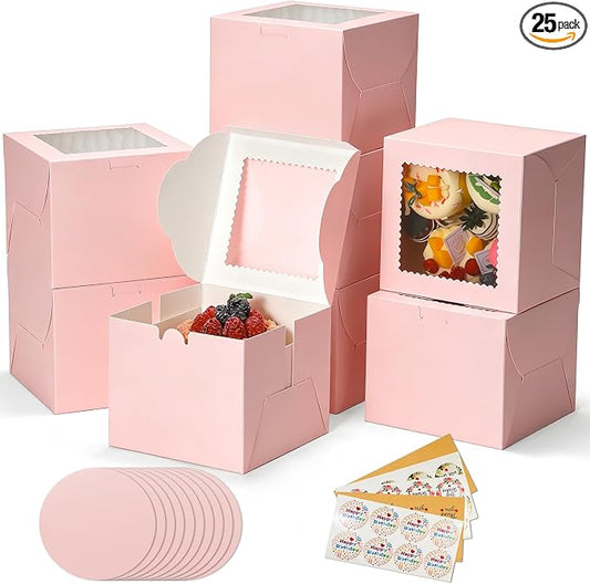 COTOPHER 50pcs 6x6x5 Inch Mini Cake Boxes, 6 Inches Small Bakery Box (25 Boxes & 25 Boards), Bento Cake Containers for Cookies, Cupcake, Desserts, Birthday, Party, Wedding, Valentine's Day