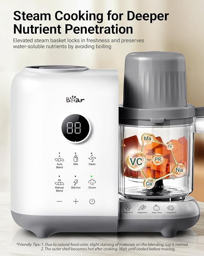 Bear Baby Food Maker with 18.5oz Dual-Layer Steam Baskets, OneStep Baby Food Processor Steamer Puree Blender Grinder Mills, Auto Cooking Grinding&Sterili-zing for Healthy Homemade Baby Food, BPA-Free