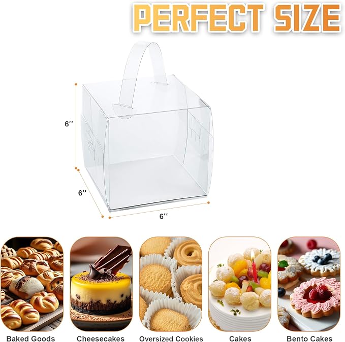 6x6x6in Clear Cake Boxes (20 Pack) - Transparent Bakery Boxes with Handles,5in 6in mini cake boxes for Cupcakes, Donuts & Party Treats - Clear gift boxes for Birthdays, Baby Showers & Gift Packaging