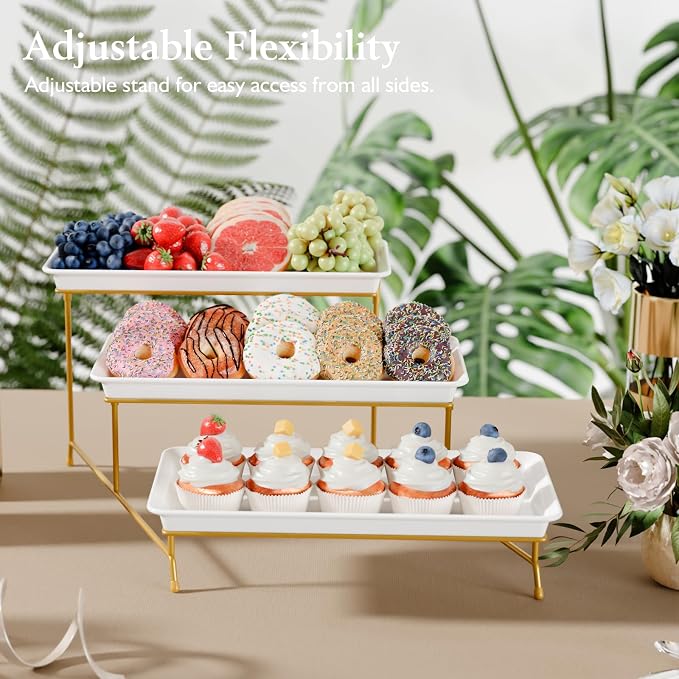 3-Tier Melamine Serving Tray Set, 14"x7" Platters for Serving Food, White Reusable Trays with Golden Metal Display Stand for Cupcakes, Sevring Food, Dessert, Fruit, Cookie, 24K Gold-Plated
